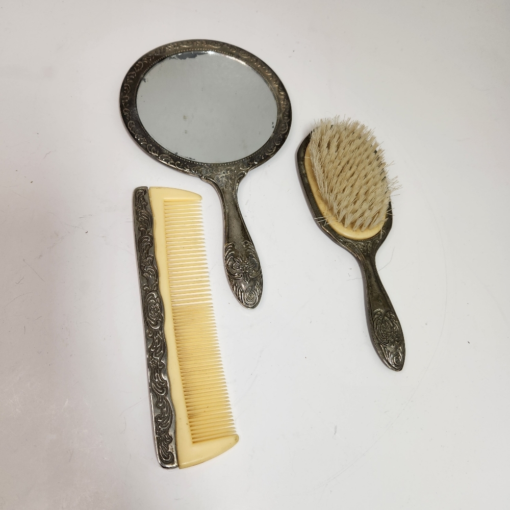 vintage silver plated victorian vanity mirror brush comb set ornate hair makeup